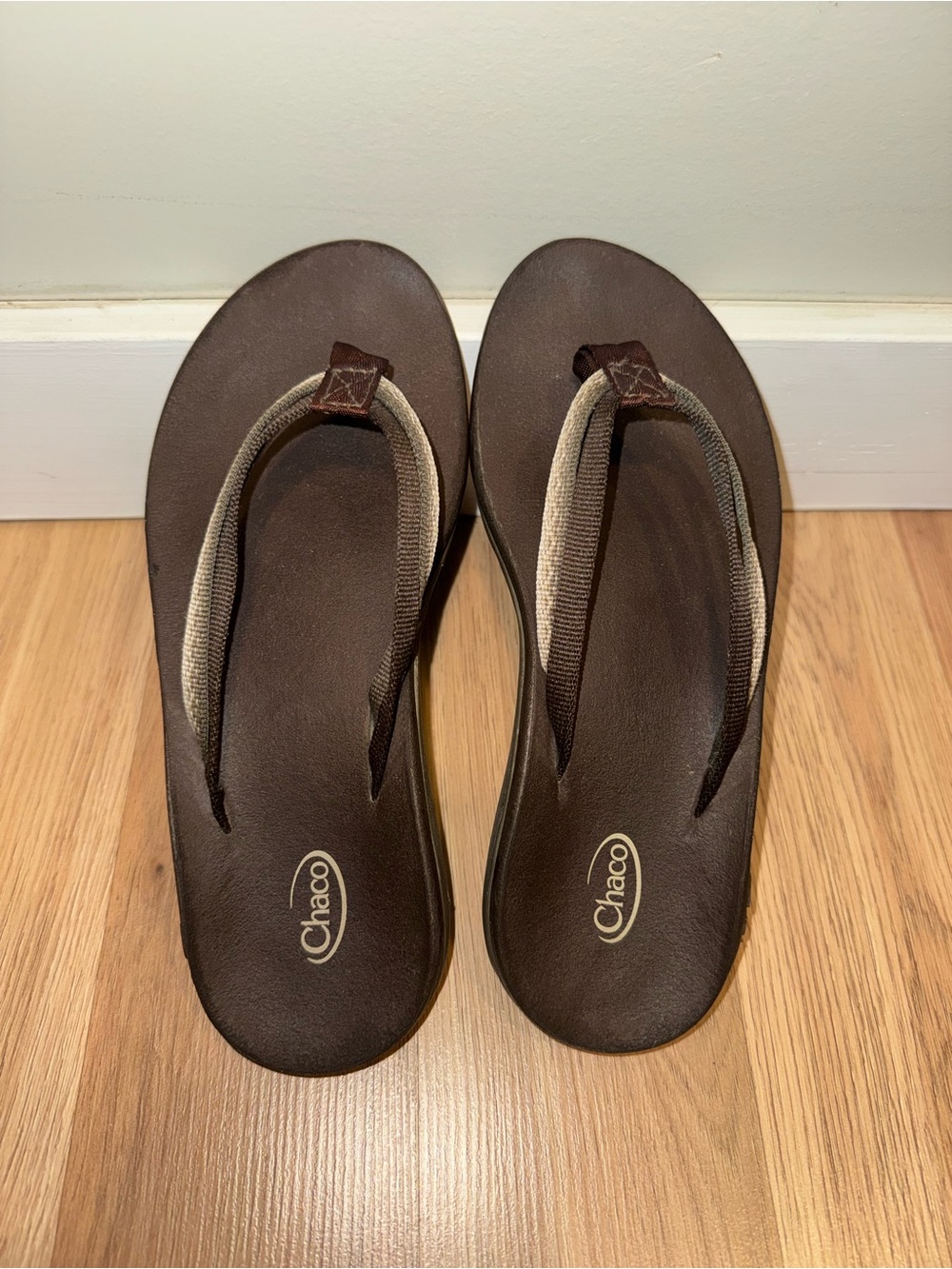 Chaco Women's Dark Brown Flip Sandals with Tan Straps